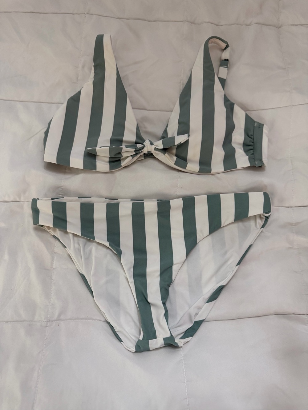Striped Green and White Knot-Front Bikini Set EUC!!! Like New!!!